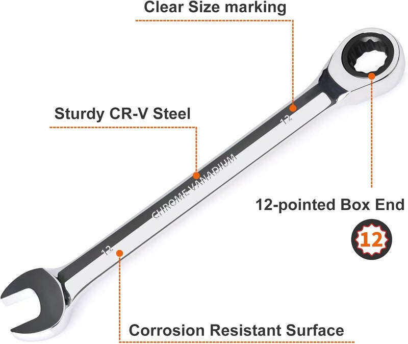 Egofine 12mm Ratcheting Combination Wrench Metric, Industrial Grade Gear Spanner with 12-Point Design, 72-Tooth Ratchet, Chrome Vanadium Steel - Image 2